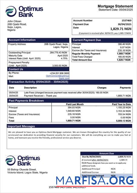 Realistic Nigeria Optimus Bank mortgage statement Word and PDF template